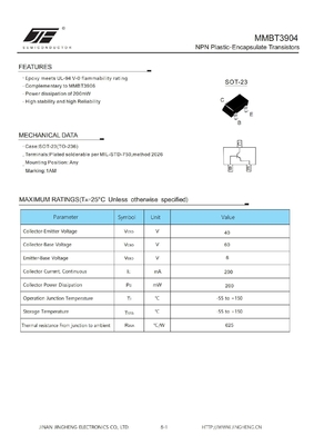 MMBT3904 200mW NPN Πλαστικοί ενσωματωμένοι τρανζίστορες χωρίς φως και πακέτο SOT-23